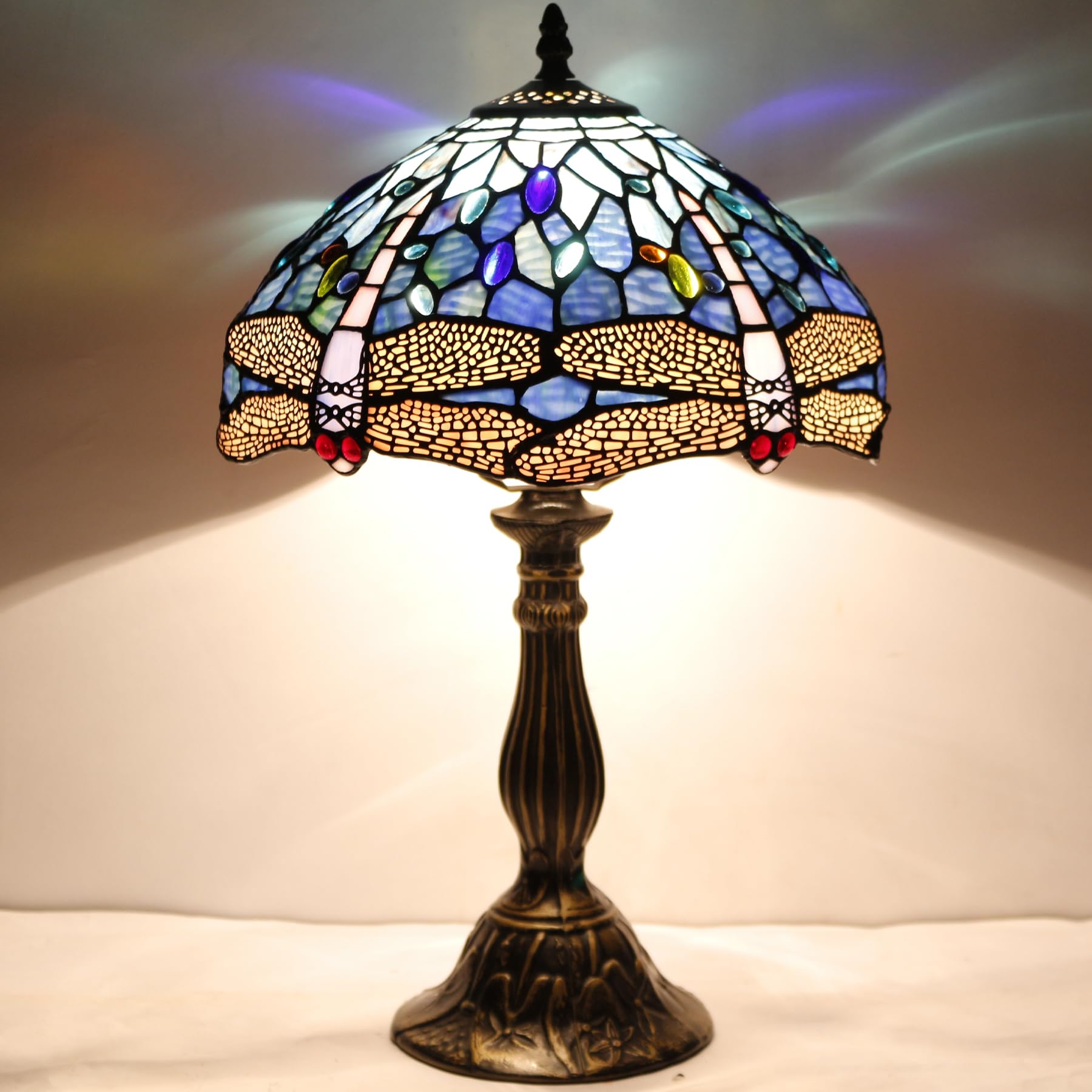 WERFACTORY Tiffany Table Lamp Blue Stained Glass Dragonfly Style